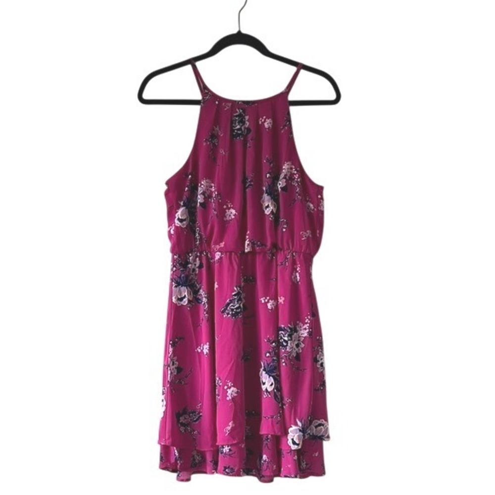 Blu RainWomen's Pink Floral Halter Neck Ruffle Dress Size L - Picture 1 of 4